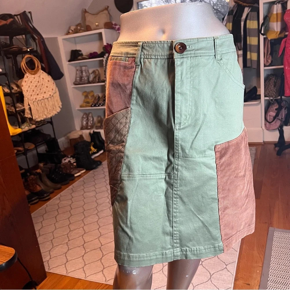 Meadow Rue Anthropologie Green Brown A-Line Patchwork Quilted Pocket Skirt Sz 4 - Picture 7 of 9